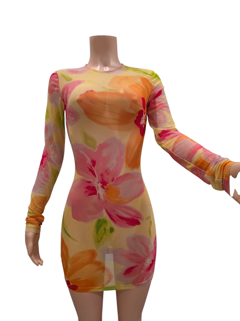 With Jean Floral Sheer Long Sleeve Dress - Pink, Orange & Green